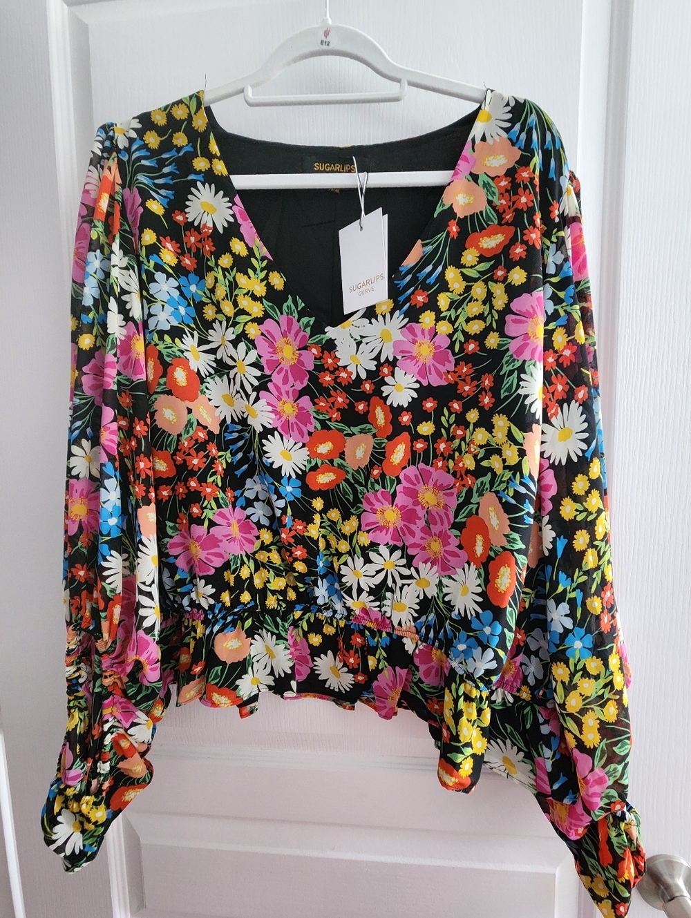 nwt Sugarlips Black Bright Floral Balloon Sleeve Blouse Size 3XL